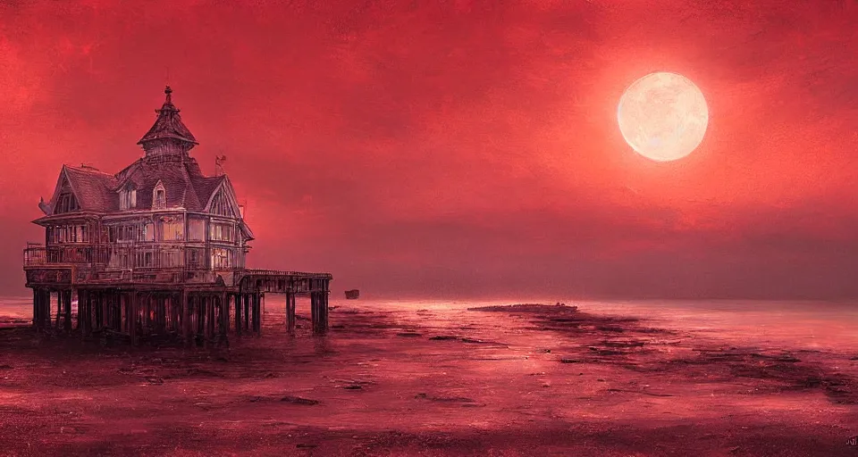 Image similar to seaside victorian building bathed in crimson light, night, dark, moon in the sky by Cédric Peyravernay