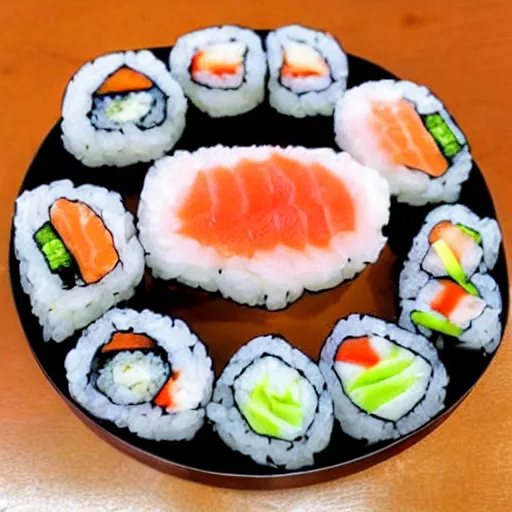 Image similar to a pile of sushi in the shape of a cat.