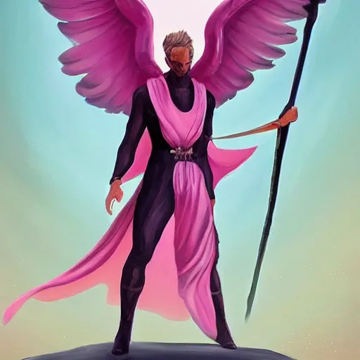 Image similar to lucifer in mountain using pink jumpsuit tarot card, digital, rider waite card, painting, ultradetailed, artstation, oil painting, ultradetailed, artstation