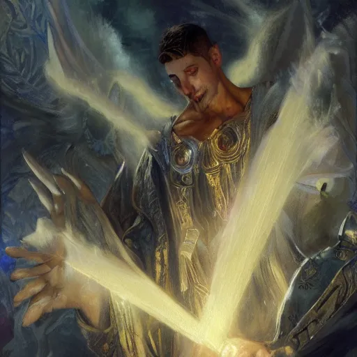 Image similar to attractive male deity casts light spell, summons attractive male lucifer morningstar. highly detailed painting by gaston bussiere, craig mullins, j. c. leyendecker 8 k