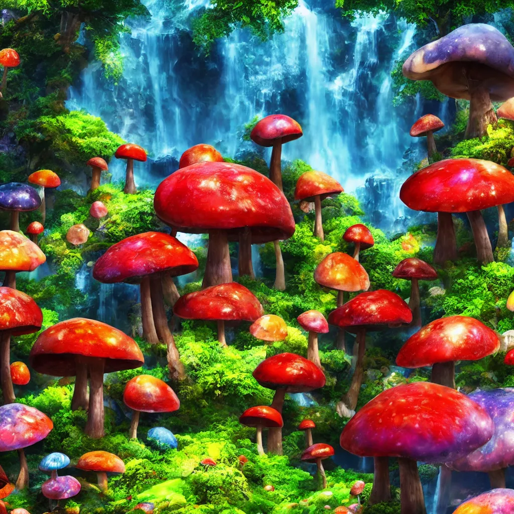 Prompt: colorful alien planet background, giant mushrooms, waterfall, tropical vegetation, landscape, rocks, anime, octane render, 4 k, ingame shot