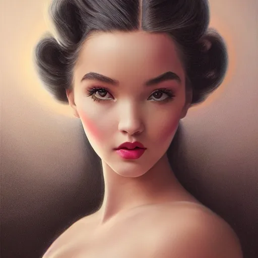 Image similar to tom bagshaw portrait, beautiful asian mix of dove cameron madison beer bella poarch in a full dress body, 1 9 5 0 pinup look, professionally retouched, focus eyes, ultra realistic soft painting, insanely detailed linework, symmetrical accurate intricate features, behance, 8 k