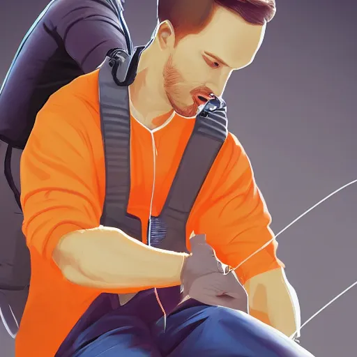 Image similar to goose being zipped - up by man in orange shirt, artstation