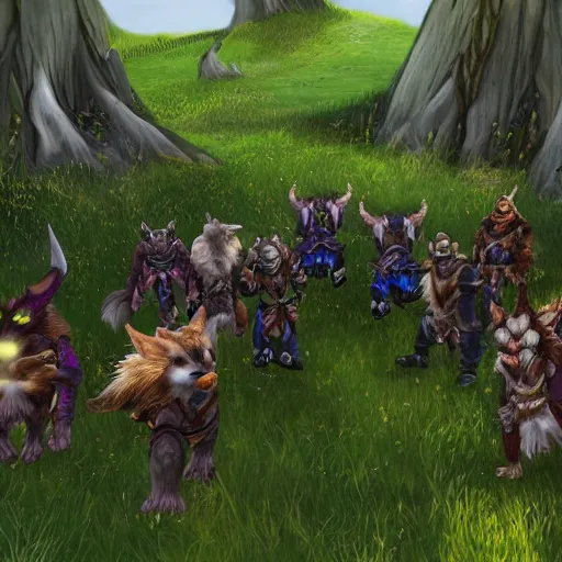 Image similar to A pack of world of warcraft feral druids roaming the british countryside