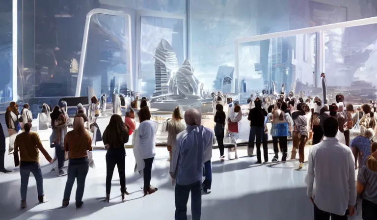 Image similar to crowd of people in simple white museum, looking at hologram of futuristic city on a table, cinematic concept art, godrays, golden hour, natural sunlight, 4 k, clear details, tabletop model buildings, center model buildings, hologram center, crane shot, crane shot, crane shot, white walls