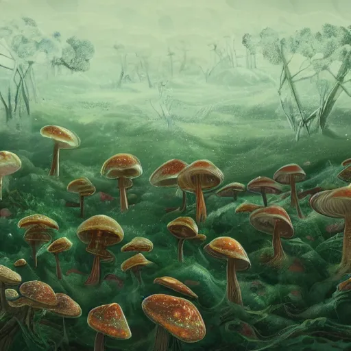 Prompt: mycelium like neural networks under plowed land, various exotic mushrooms grow on the ground, trending in ArtStation