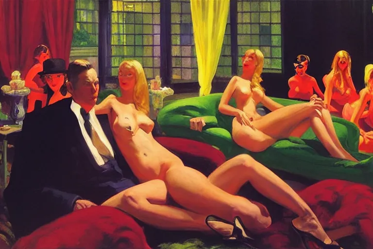 Image similar to party at the playboy mansion, painting by edward hopper and eric fischl and robert mcginnis