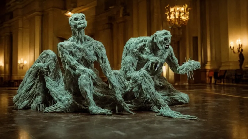 Image similar to the strange creature in city hall, made of wax and water, film still from the movie directed by Denis Villeneuve with art direction by Salvador Dalí, long lens