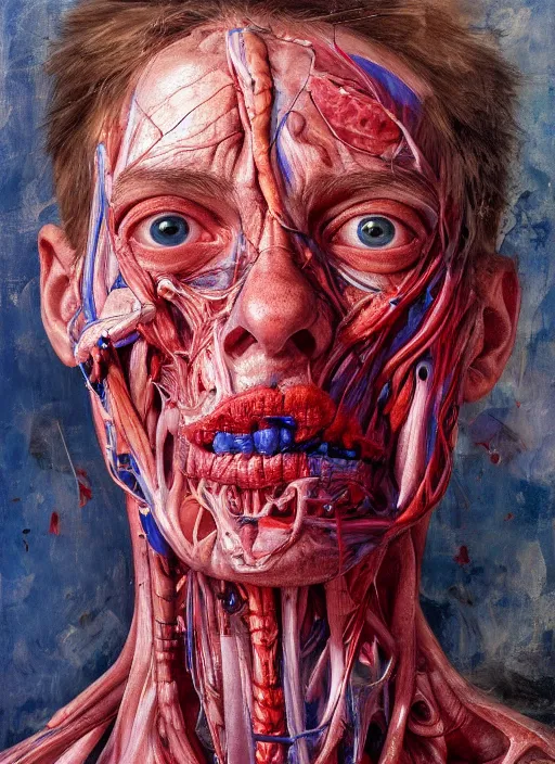 Image similar to highly detailed and textured painting of a deformed anatomical portrait with dead eyes, emotionally expressive, highly detailed oil painting, soft light 4 k, red, blue and purple colour palette, cinematic composition, cinematic lighting, sharp focus, masterpiece by adrian ghenie and jenny saville