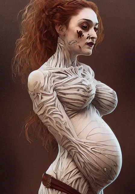 Image similar to sansa pregnant mummy zombie in skeleton, intricate, elegant, highly detailed, digital painting, artstation, concept art, smooth, sharp focus, illustration, art by artgerm and greg rutkowski and alphonse mucha and william - adolphe bouguereau