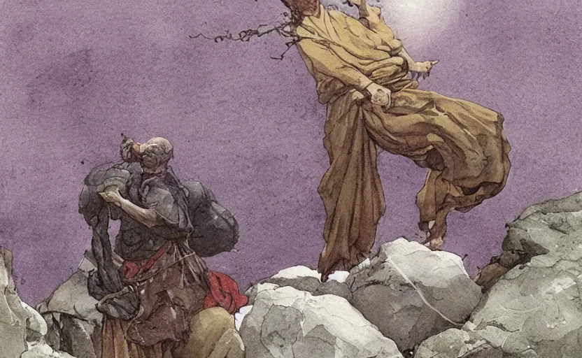 Image similar to a hyperrealist watercolour concept art of a monk levitating a huge rock over his head. it is a misty night on the moors of ireland. by rebecca guay, michael kaluta, charles vess and jean moebius giraud. high detail, hq