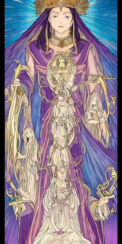 Image similar to a mystical woman priestess sitting on a throne, the divine feminine, drawn by studio UFOTABLE, fine line work, pastel colors, Tarot cards