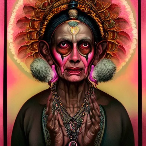 Image similar to wise old Indian guru, multiple arms, large ears, pink and gold , by Anato Finnstark, Tom Bagshaw, Brom