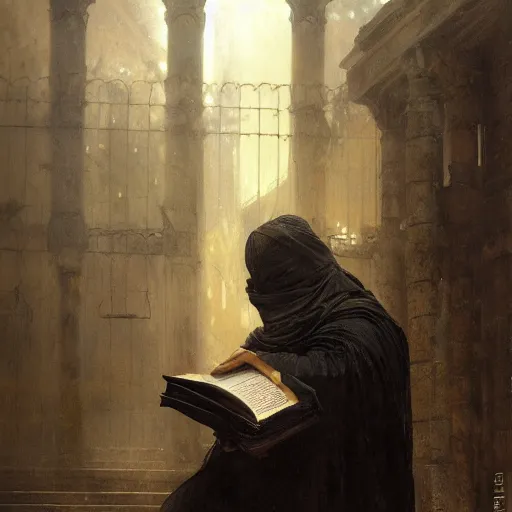 Prompt: half portait of magican wearing a closed cowl holding a big old book! with chains!! on his wrist, jeremy mann, jean leon gerome, alphonse mucha, greg rutkowski, hood covers his eyes, ( ( ruins of ancient rome ) ), at dusk, mysterious atmosphere, sunrays, dof, masterpiece, high detailed, 8 k