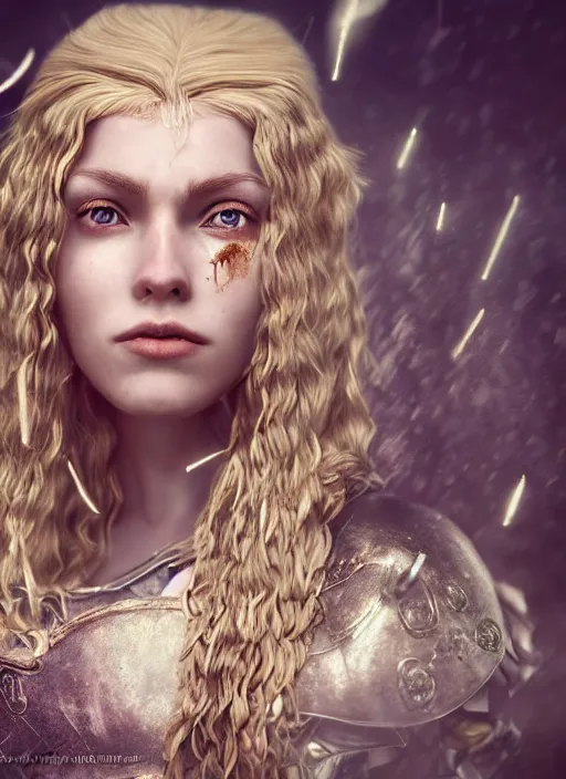 Prompt: An epic fantastic realism comic book style portrait painting of a female medieval warrior, princess, knights long fluffy light golden blond curls of hair, porcelain pale skin, flowers rain everywhere, Concept world Art, unreal 5, DAZ, hyperrealistic, octane render, cosplay, RPG portrait, dynamic lighting