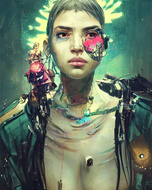 Image similar to detailed portrait Young Gangster Girl cyberpunk futuristic ((neon)) tattoes, styled hair Reflective gauzy fine-spun film jacket, decorated traditional ornaments by Carl Spitzweg ismail inceoglu dragan bibin hans thoma greg rutkowski Alexandros Pyromallis Nekro illustrated Perfect face, fine details, realistic shaded, fine-face, pretty face