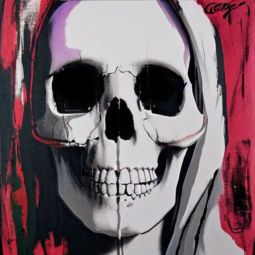 Prompt: painting of the virgin mary skull face by greg rutkowski and andy warhol
