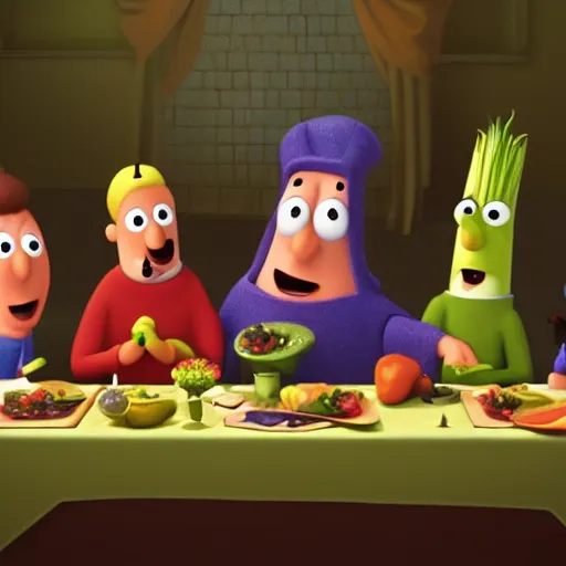 Image similar to veggietales characters last supper, 4k