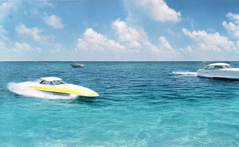 Prompt: photorealistic picture of a sport boat driving in turquoise water. miami. 8 0's style