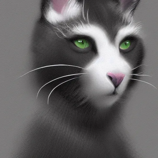 Prompt: beautiful dark grey cat with white belly, white paws and white face markings with long fur and fluffy tail sitting, intricate, elegant, highly detailed, digital painting, artstation, concept art, matte,