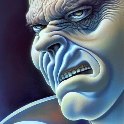 Image similar to very closeup face, big eyes, angry old man, surrealism, painting by boris vallejo and michael whelan