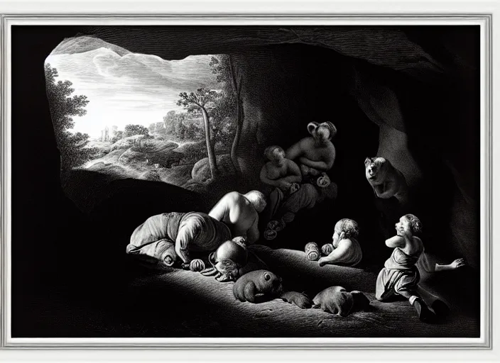 Prompt: Pieter Claesz's 'looking into dark cave and seeing a mother bear and her cubs sleeping', night time, cross hatching, framed