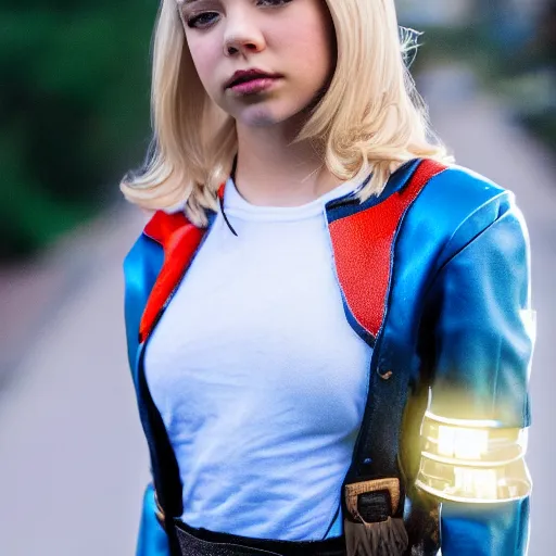 Prompt: sydney sweeney in cosplay as android 1 8, dslr photo, 8 5 mm f / 1. 8