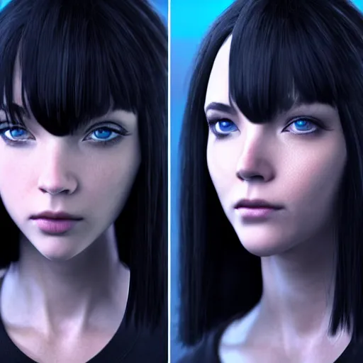 Image similar to « portrait, attractive, blue eyes, black hair, middle length hair, ghost in the shell, front view, unreal engine 5 »