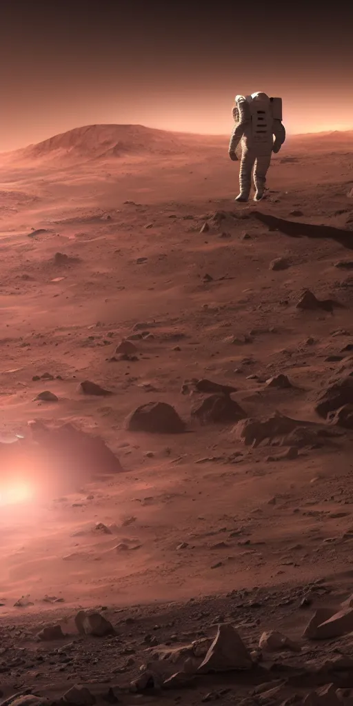 Image similar to concept art, an american astronaut in the distance + a new lightweight spacesuit landing on mars, musk's mars migration program, cyberpunk, backlight, epic, high detail, 8 k, octane rendering, unreal engine.