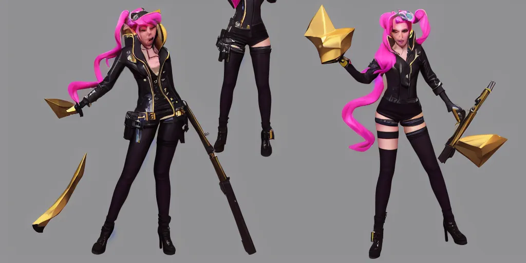 Image similar to character sheet of KDA Miss Fortune from League of Legends. Miss fortune has two small shotguns. Pastel colors, 3d render, 8k resolution, octane render