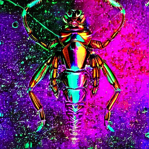 Prompt: an intricate photo of iridescent scorpio, blacklight, inverted colors