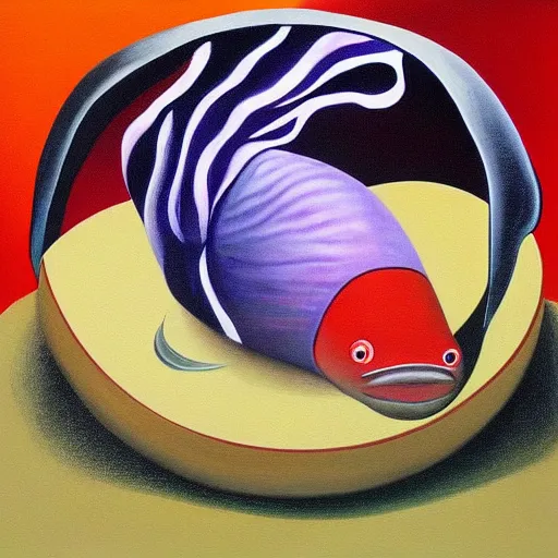 Image similar to surreal painting of a fish morphing into a sausage