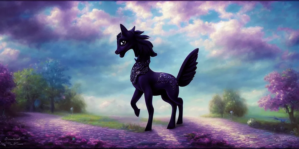 Prompt: 3 d littlest pet shop horse, gothic antique theme, teal, shadow, clouds, dullahan, celtic, intricate, raven, master painter and art style of noel coypel, art of emile eisman - semenowsky, art of edouard bisson