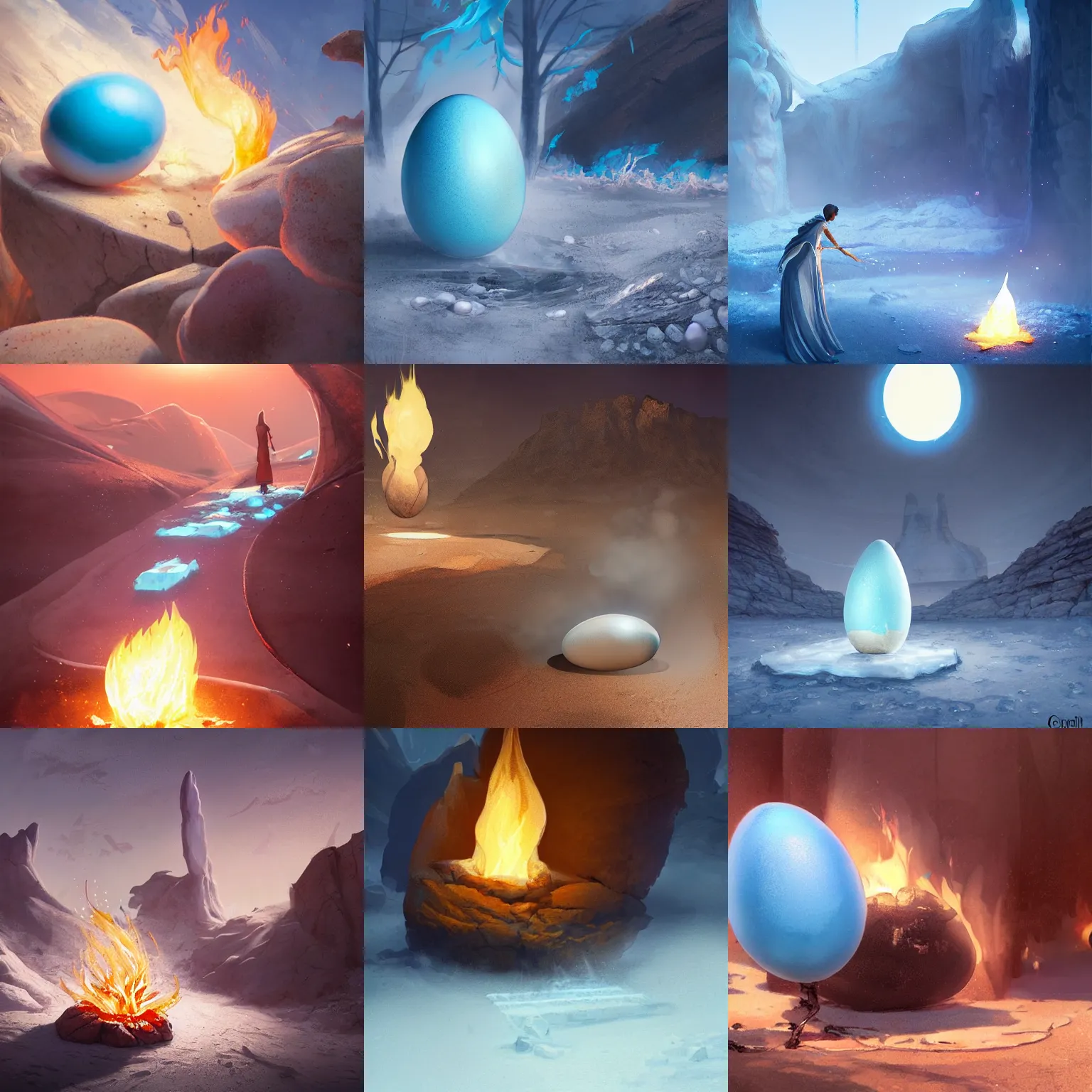 Prompt: transparent icy crystall as a magical egg burn with frosty blue fire, hot desert around, peter morbacher style, greg rutkowski