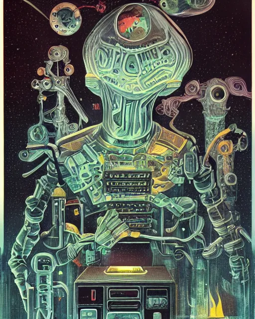 Prompt: dark retro illustration 1 9 7 5 science fiction, gouache and ink, mohrbacher, an evil supercomputer, art sussman, retro futurism