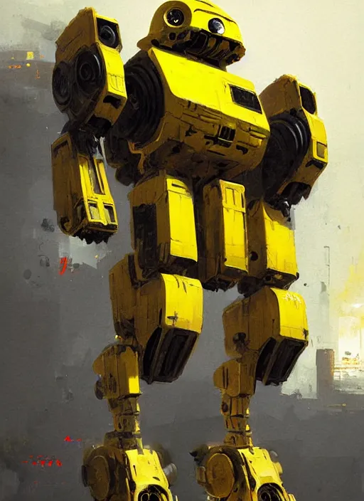 Image similar to tall strong intricate yellow pit droid, flat head painterly mecha, by Greg Rutkowski