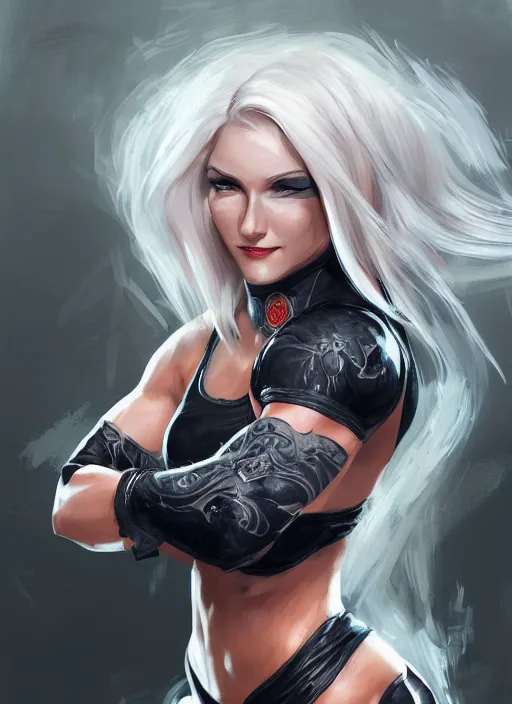 Prompt: a highly detailed illustration of fierce platinum blonde woman wearing mma gear, dramatic smile pose intricate, elegant, highly detailed, centered, digital painting, artstation, concept art, smooth, sharp focus, league of legends concept art, WLOP