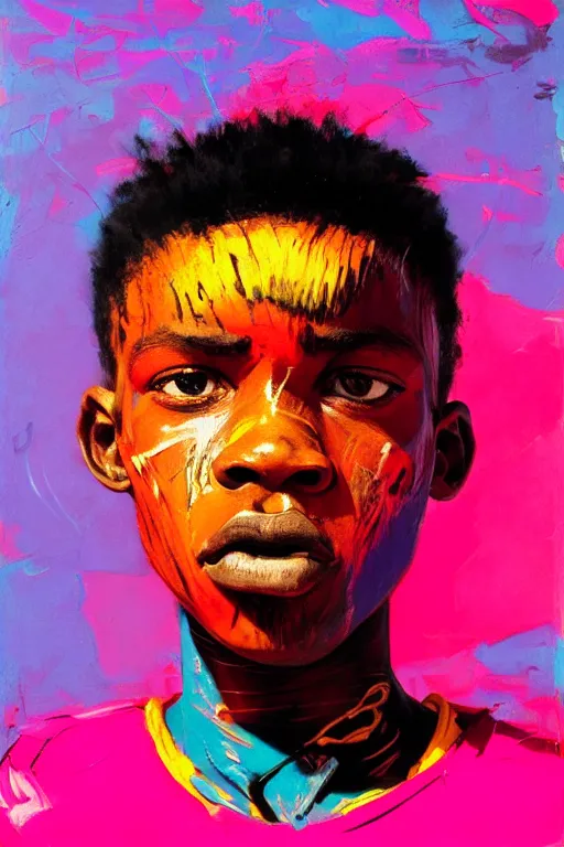 Image similar to portrait of a stylized african young angry boy painted in acrylic, pigment, in the colors hot pink and cyan, beautiful realistic face, rule of thirds, spotlight, by greg rutkowski, by jeremy mann, by francoise nielly, by van gogh, by ross tran, in focus