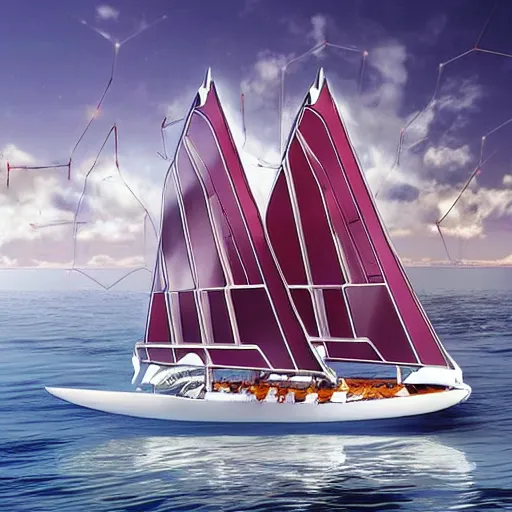 Image similar to marvel comic style futuristic sail ship with solar panel sails mid-journey, robot sailors