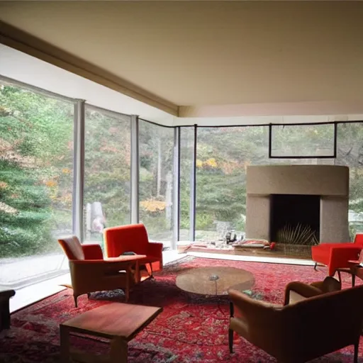 Prompt: mid century living room sunken into the ground, fireplace, big windows, frank lloyd wright