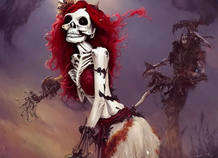 Image similar to cute & beautiful smug smiling mexican undead skeleton girl with red hair dressed as a witch, elegant, digital art, fantasy, pixar style, painting, pin up, highly detailed, artstation, art by artgerm, vrubel, boris vallejo and ilya kuvshinov