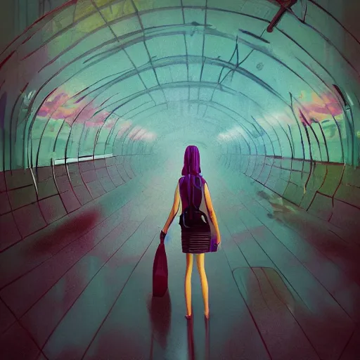 Prompt: giant carnation flower head, woman standing in metro station, surreal photography, dramatic light, impressionist painting, digital painting, artstation, simon stalenhag