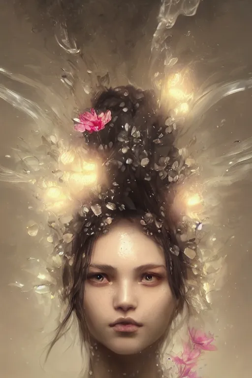 Image similar to face closeup a young beautiful girl drowned in water exploding into electricity, wearing crystal white feathers, 3 d render, hyper realistic detailed portrait, holding magic flowers, ruan jia, wlop. scifi, fantasy, hyper detailed, octane render, concept art, by peter mohrbacher, by wlop, by ruan jia