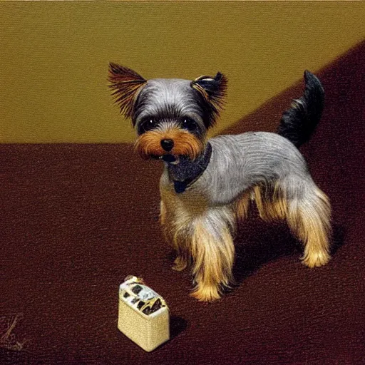 Prompt: Yorkie dog, extremely detailed masterpiece, illustration, by Michael Sowa,