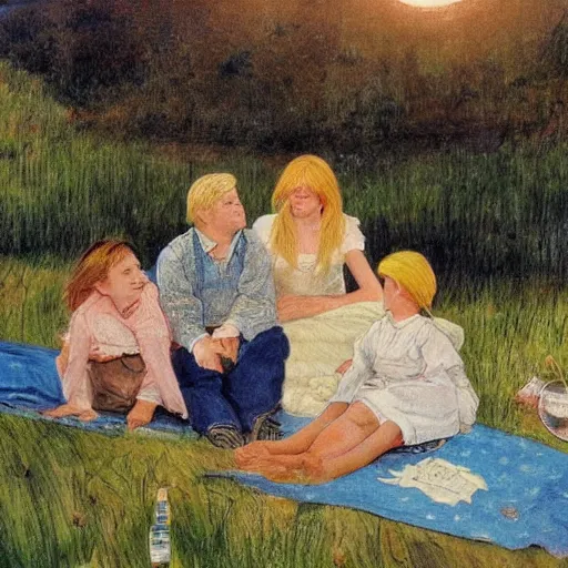 Prompt: a nine year old blonde girl and her two parents sit on a blanket at the beach and watch through sun go down in the style of Carl larsson