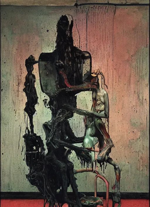 Image similar to two dark figures laughing and a black dog inside a decayed contemporary living room with large oxygen tank in the style of Francis Bacon and Zdzislaw Beksinski, Edward Hopper and Norman Rockwell, highly detailed, very coherent, triadic color scheme