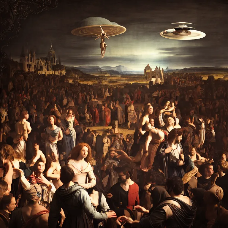 Prompt: beautiful man in a crowd of medieval people surrounding UFO flying saucer, dream-like atmosphere, baroque portrait painting, perfect portrait composition, beautiful detailed intricate insanely detailed octane render trending on Artstation, 8K artistic photography, photorealistic, soft natural volumetric cinematic perfect light, chiaroscuro, award-winning photograph, masterpiece, Raphael, Caravaggio, Greg Rutkowski, Beeple