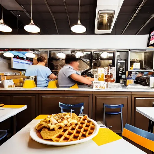 Image similar to busy wafflehouse interior with customers eating breakfast and wafflehouse employees serving food and cooking behind countertop that has food on it
