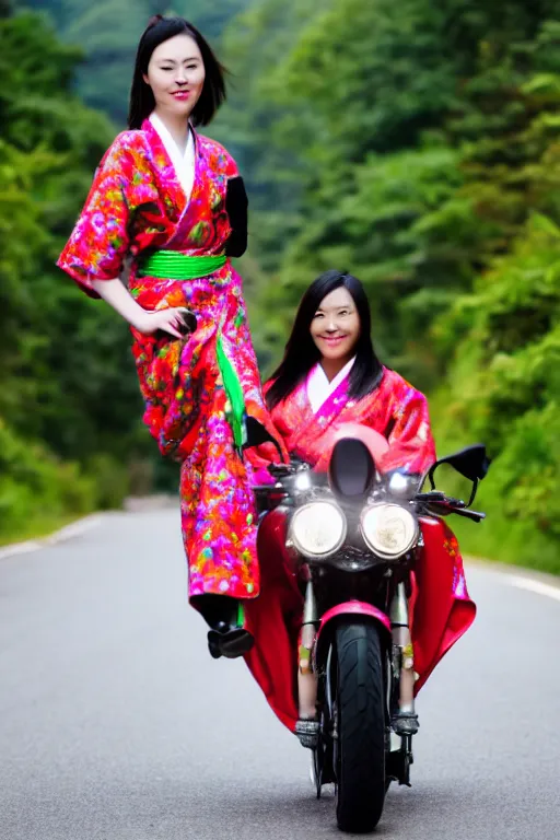 Image similar to full - length photo, young woman, riding a motorcycle, wearing japanese kimono, high heels, 4 k, colourful