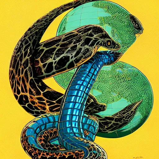 Image similar to snake wrapped around the earth, gerald brom and andy warhol, cosmic horror